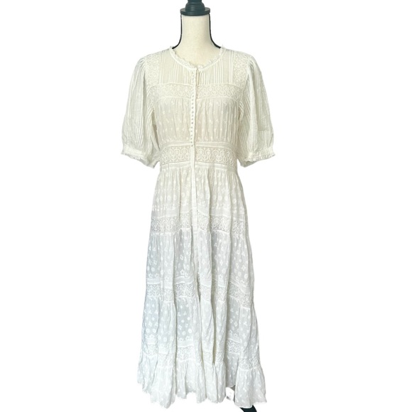 Doen Sz Large Rolande Tiered Embroidered Organic Cotton-Voile Midi Dress in Salt - Picture 4 of 16